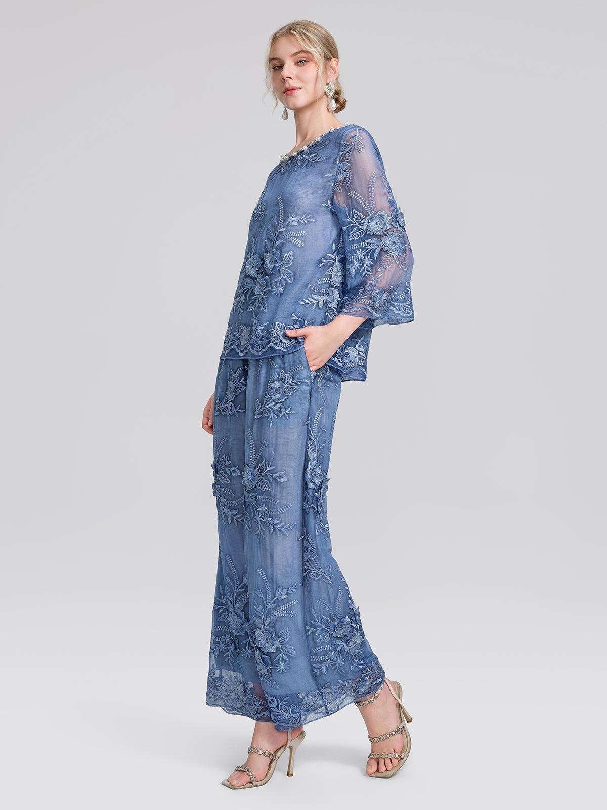 Mulberry Silk Embroidered Elastic-Waist Pants