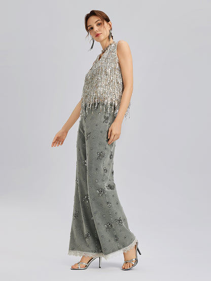 Garment Dyeing Beaded Denim Lace-Trim Pants