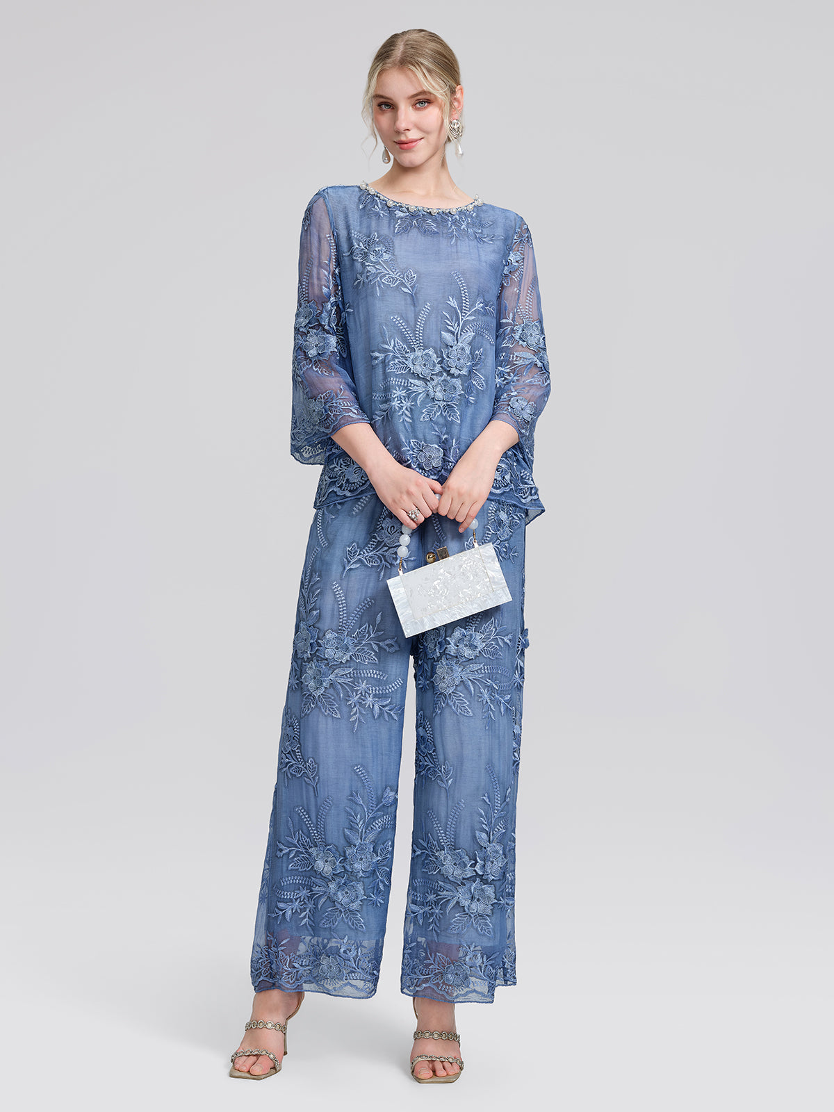 Mulberry Silk Embroidered Elastic-Waist Pants