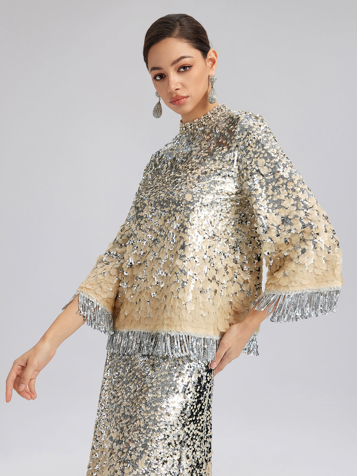 Beaded Ombre Fringe Stand-Collar Top
