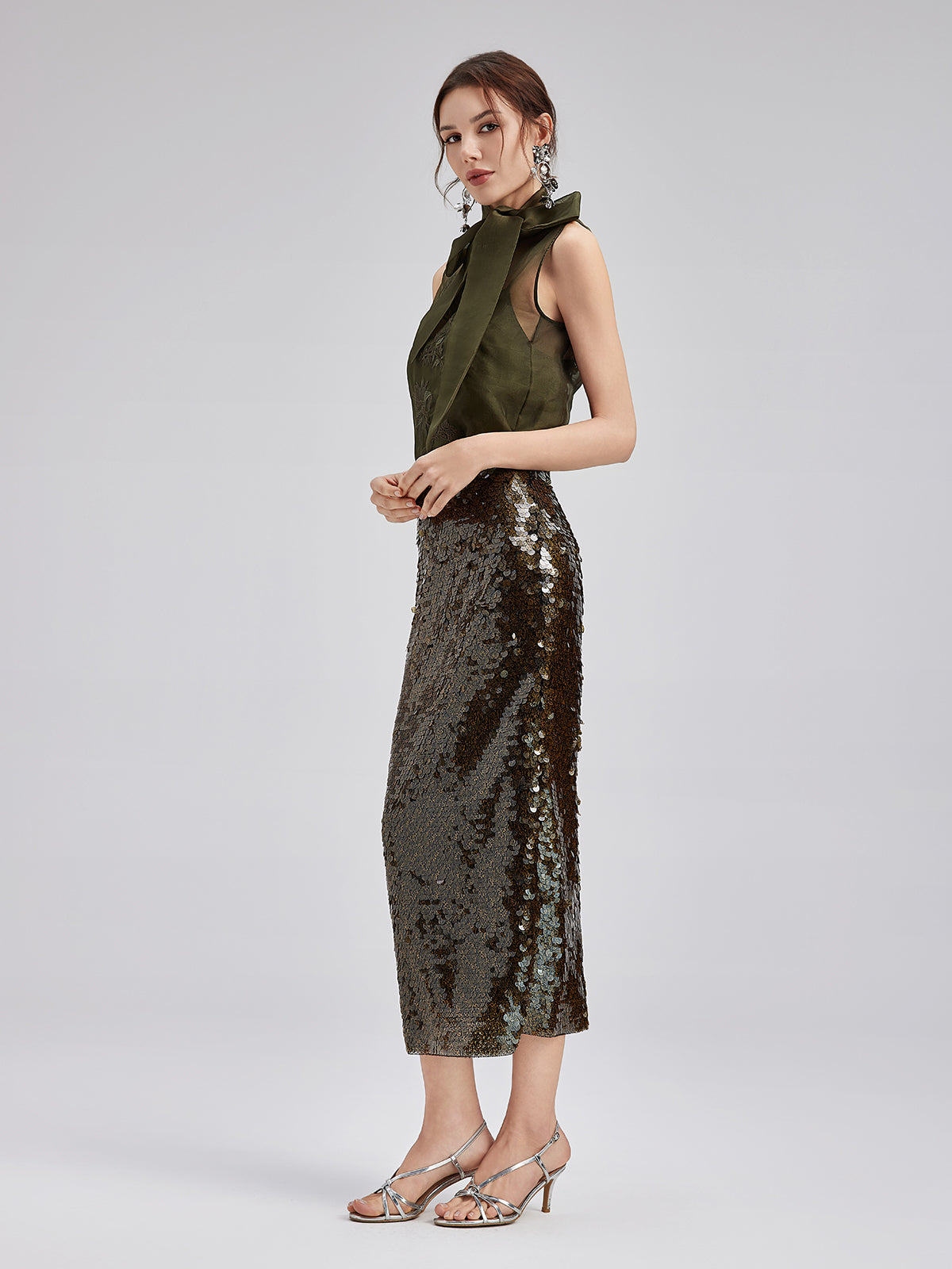 Silk Embroidered Tie-Neck Blouse