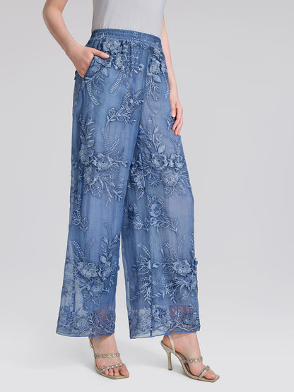 Mulberry Silk Embroidered Elastic-Waist Pants