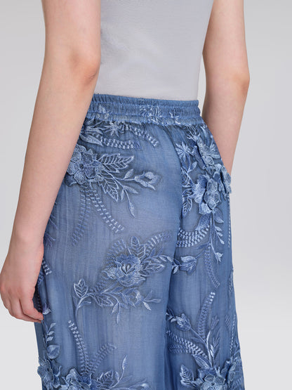 Mulberry Silk Embroidered Elastic-Waist Pants
