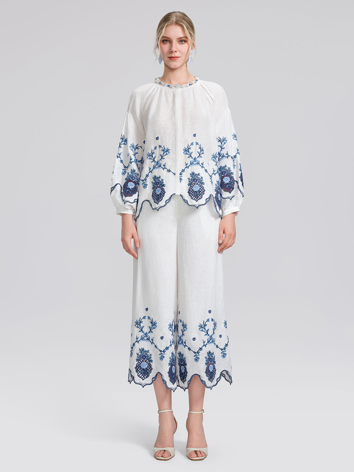 Linen Embroidered Cutwork Round Neck Balloon Sleeve Top