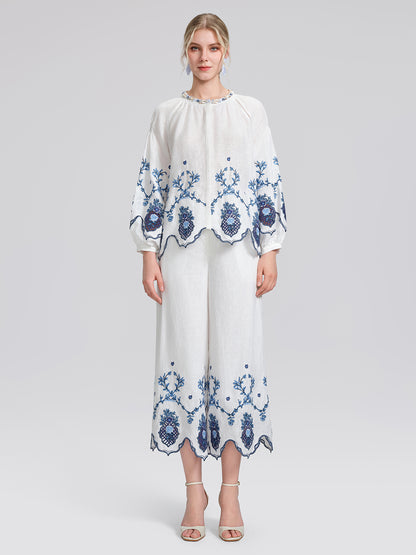 Linen Embroidered Cutwork Round Neck Balloon Sleeve Top