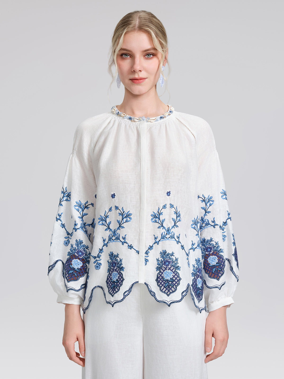Linen Embroidered Cutwork Round Neck Balloon Sleeve Top