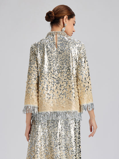 Beaded Ombre Fringe Stand-Collar Top