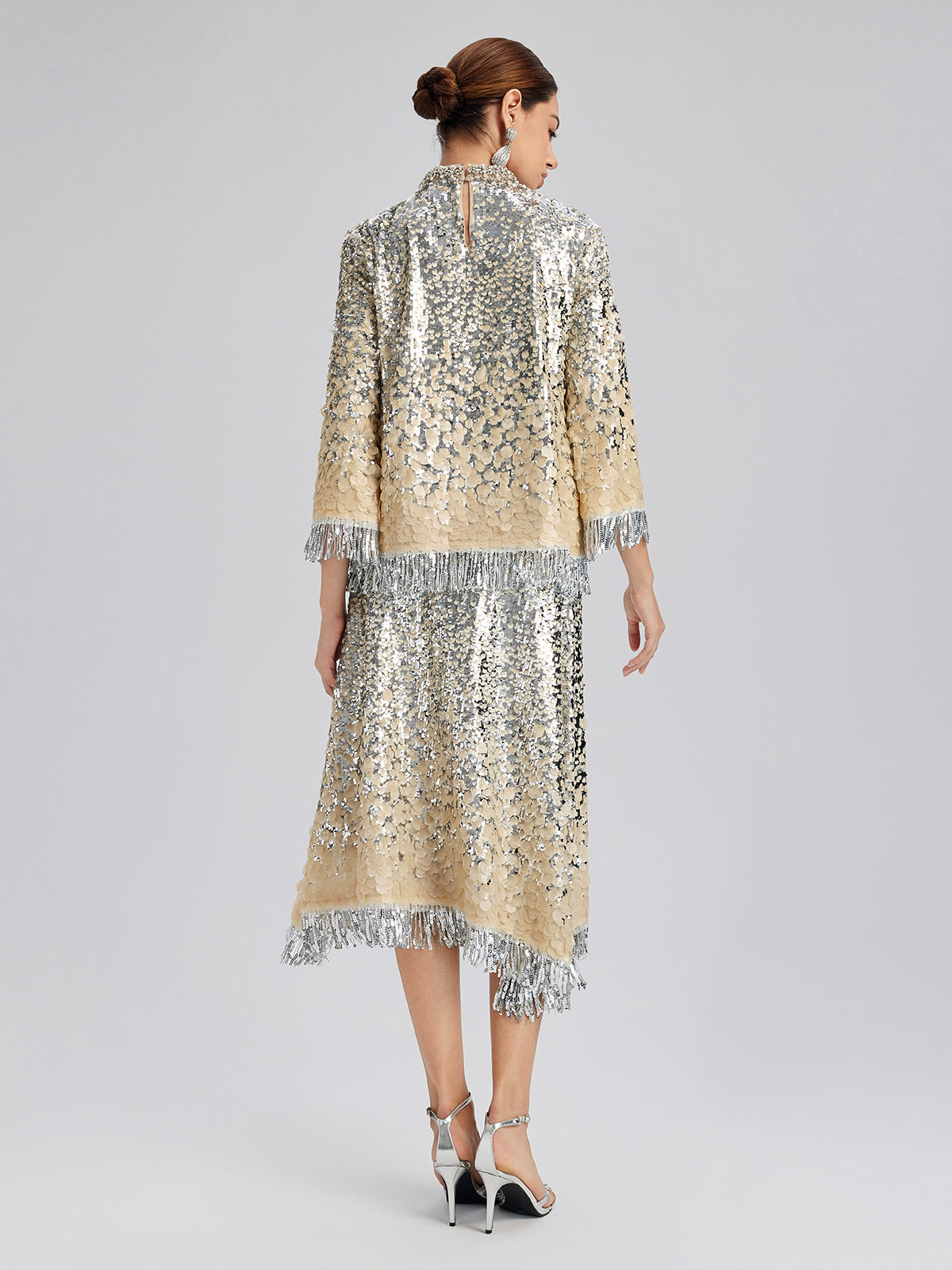Beaded Ombre Fringe Stand-Collar Top