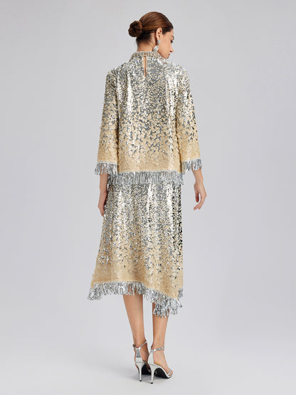 Beaded Ombre Fringe Stand-Collar Top