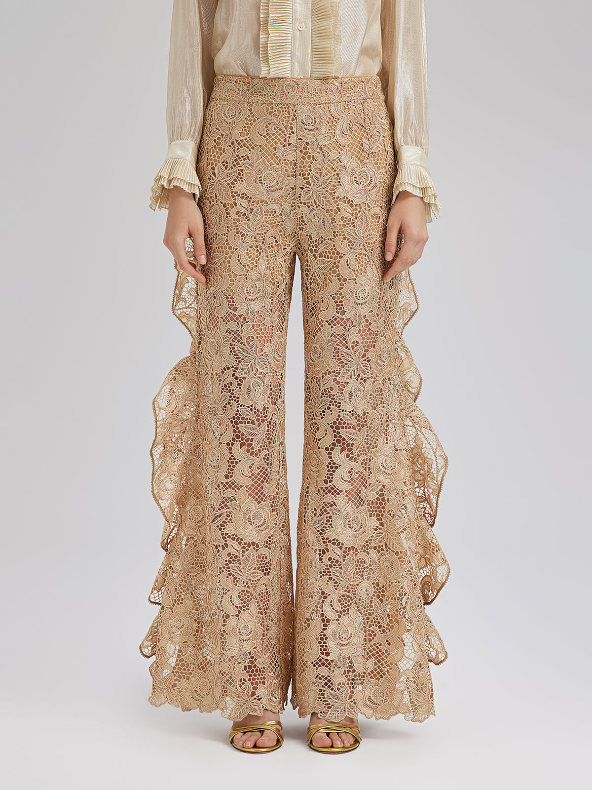 Handcrafted Ribbed Lace Ruffle Pants
