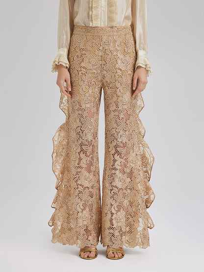 Handcrafted Ribbed Lace Ruffle Pants