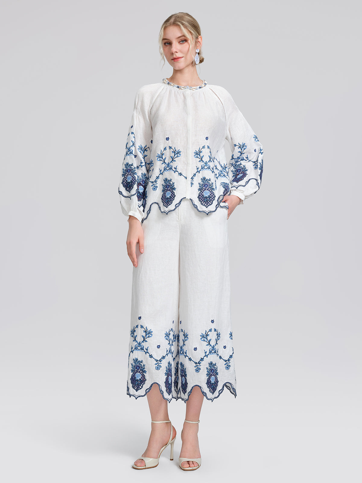 Linen Embroidered Cutwork Round Neck Balloon Sleeve Top