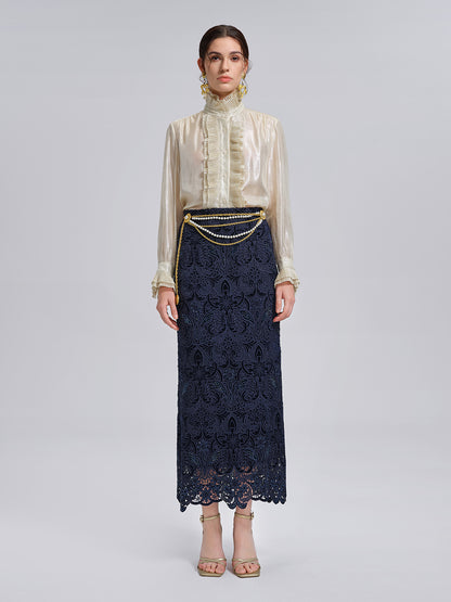 Velvet Lace Cutout Embroidered Fishtail Skirt