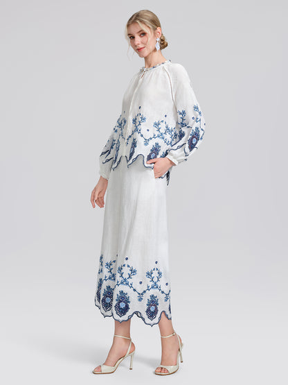 Linen Embroidered Cutwork Pearl Button Wide-Leg Pants