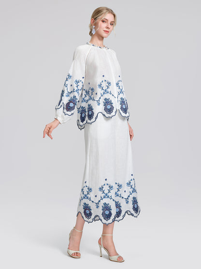 Linen Embroidered Cutwork Round Neck Balloon Sleeve Top