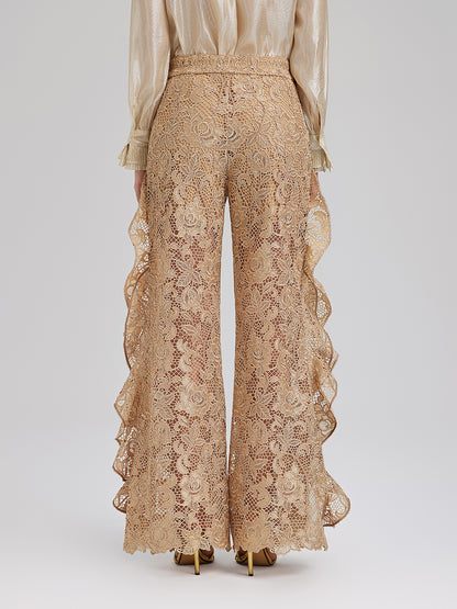 Handcrafted Ribbed Lace Ruffle Pants
