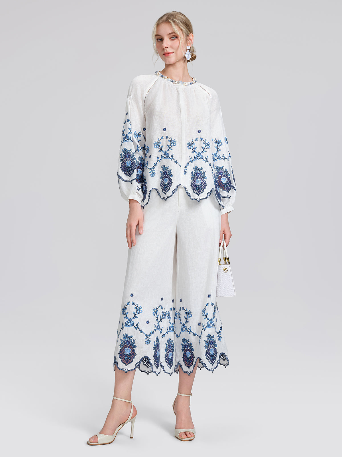 Linen Embroidered Cutwork Pearl Button Wide-Leg Pants