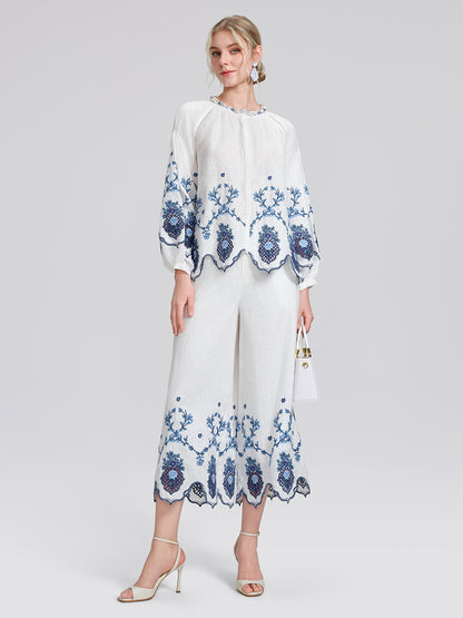 Linen Embroidered Cutwork Pearl Button Wide-Leg Pants