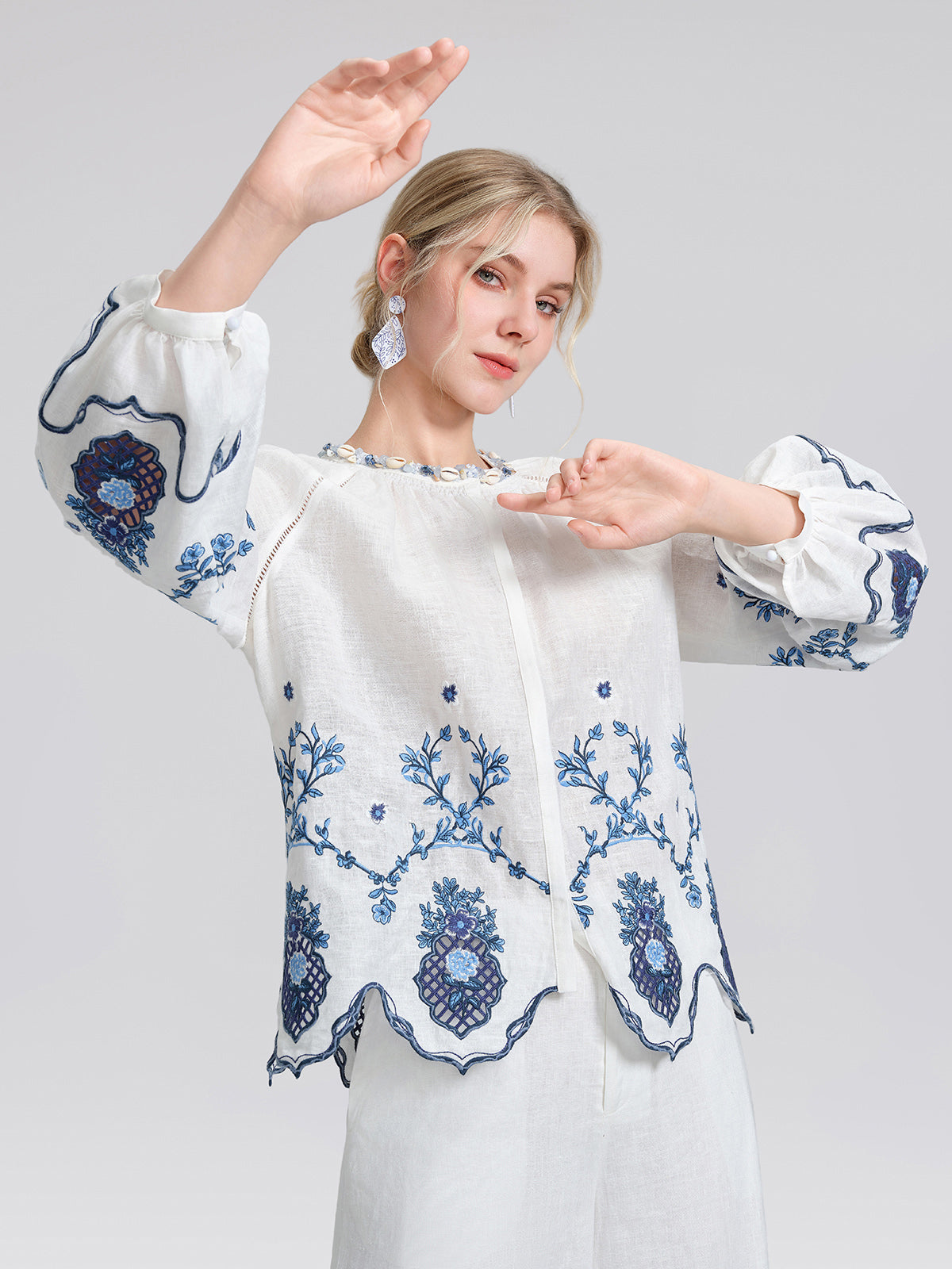Linen Embroidered Cutwork Round Neck Balloon Sleeve Top