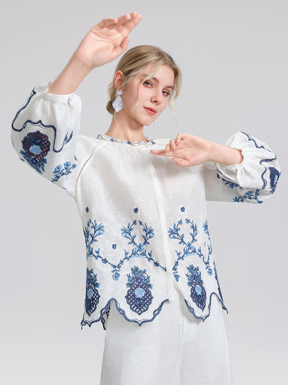 Linen Embroidered Cutwork Round Neck Balloon Sleeve Top