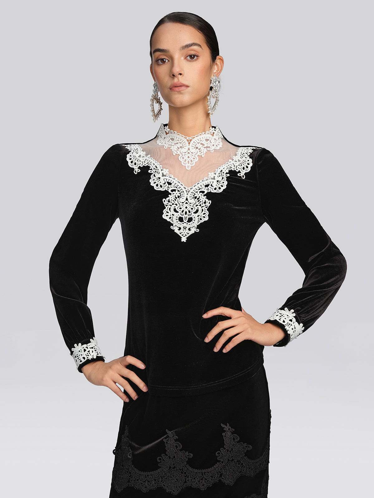 Velvet Lace Trim Blouse