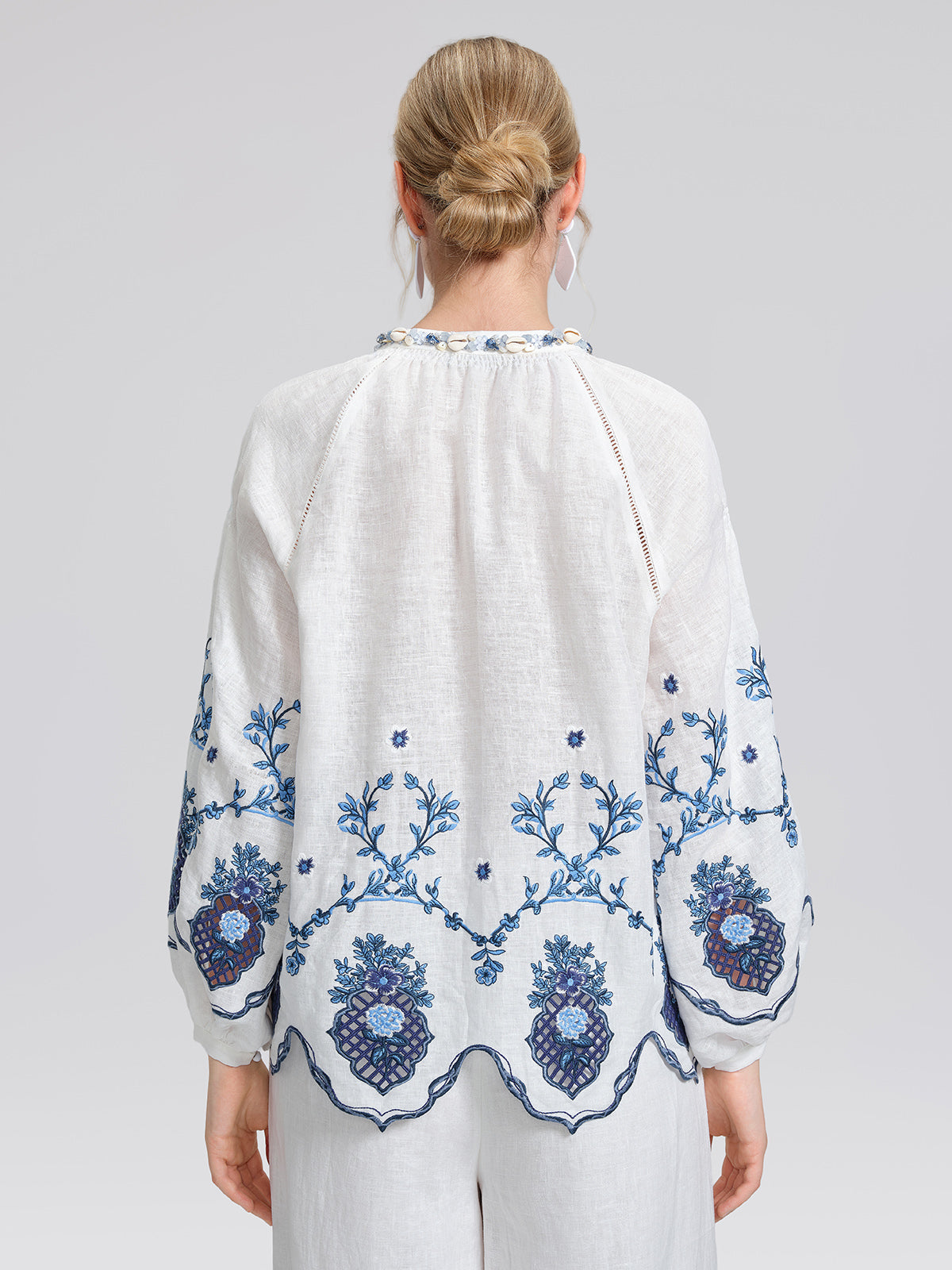 Linen Embroidered Cutwork Round Neck Balloon Sleeve Top