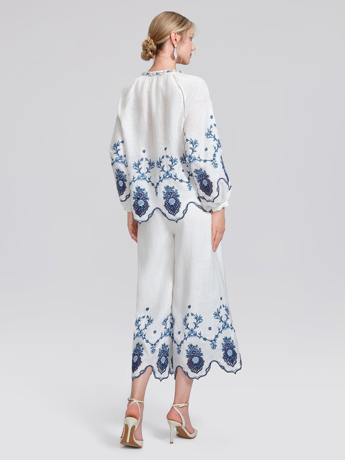 Linen Embroidered Cutwork Round Neck Balloon Sleeve Top