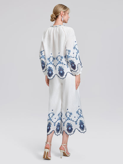 Linen Embroidered Cutwork Round Neck Balloon Sleeve Top