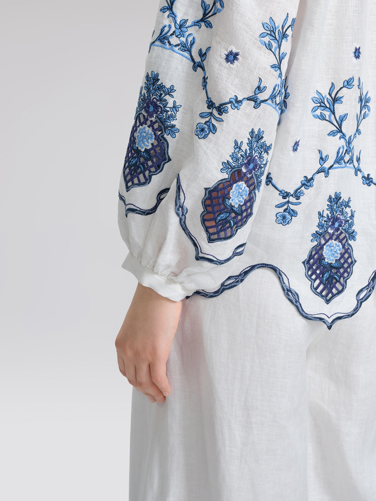 Linen Embroidered Cutwork Round Neck Balloon Sleeve Top