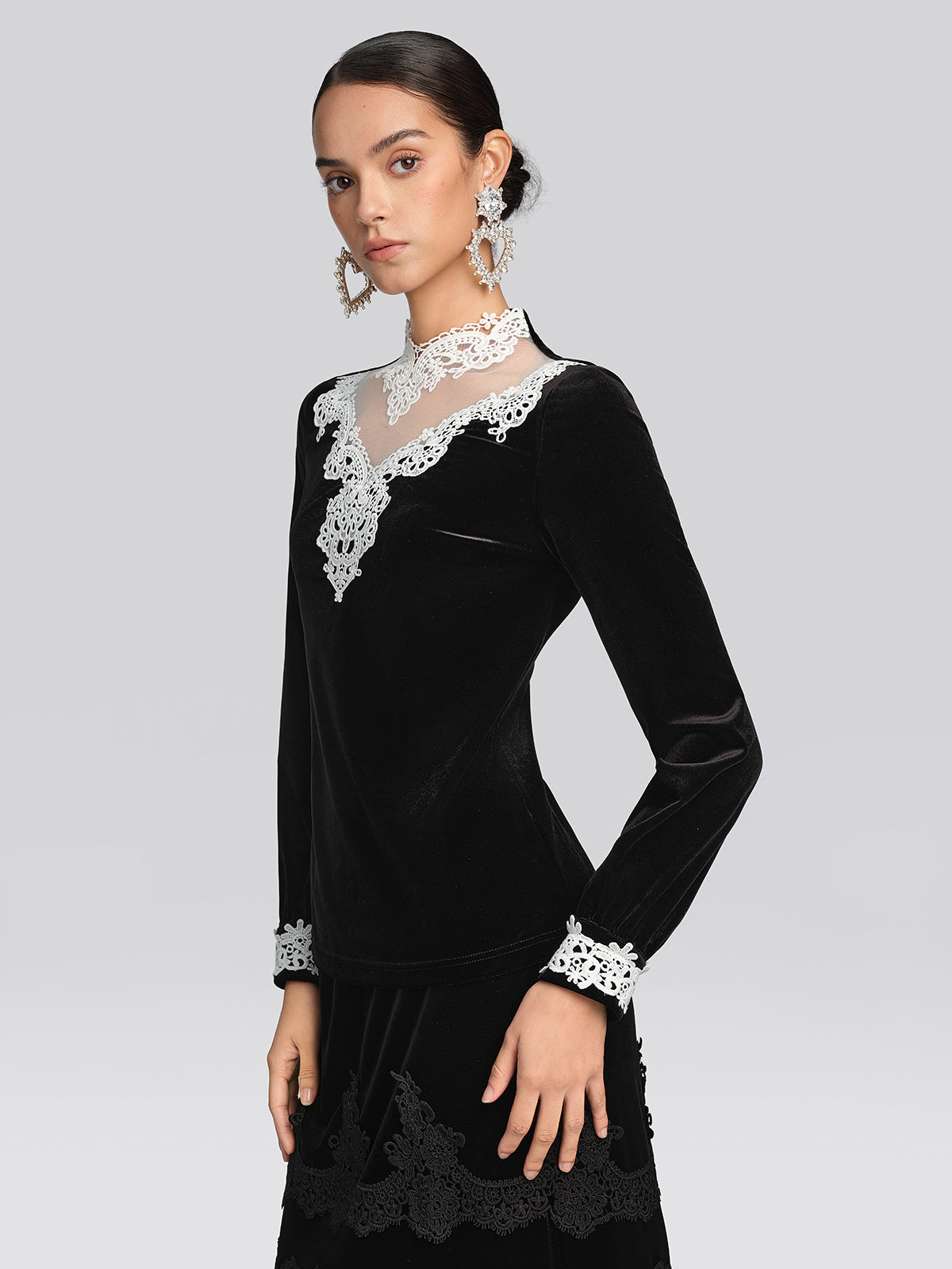 Velvet Lace Trim Blouse