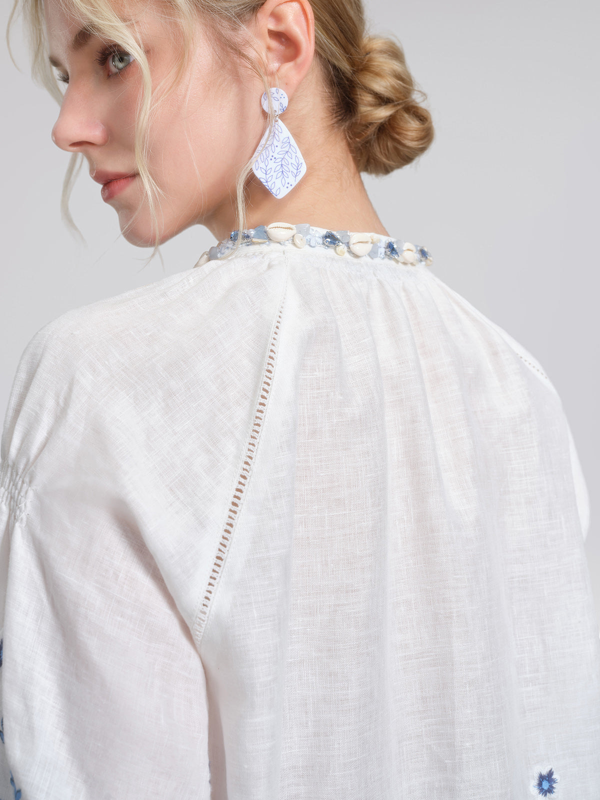 Linen Embroidered Cutwork Round Neck Balloon Sleeve Top