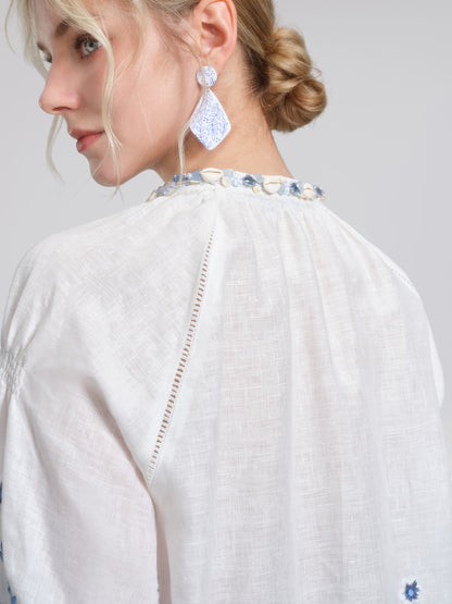 Linen Embroidered Cutwork Round Neck Balloon Sleeve Top