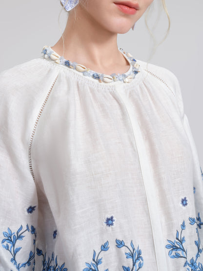 Linen Embroidered Cutwork Round Neck Balloon Sleeve Top