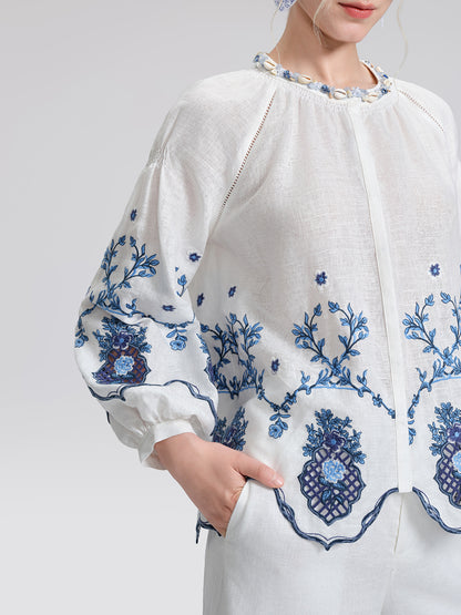 Linen Embroidered Cutwork Round Neck Balloon Sleeve Top
