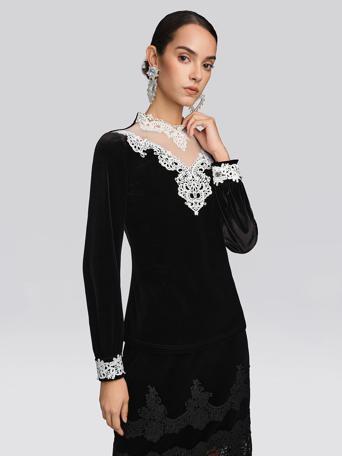 Velvet Lace Trim Blouse