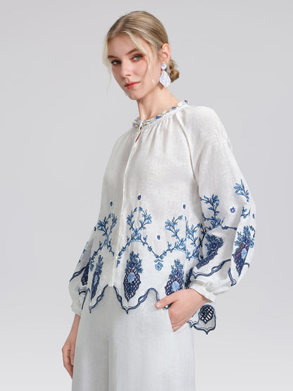 Linen Embroidered Cutwork Round Neck Balloon Sleeve Top
