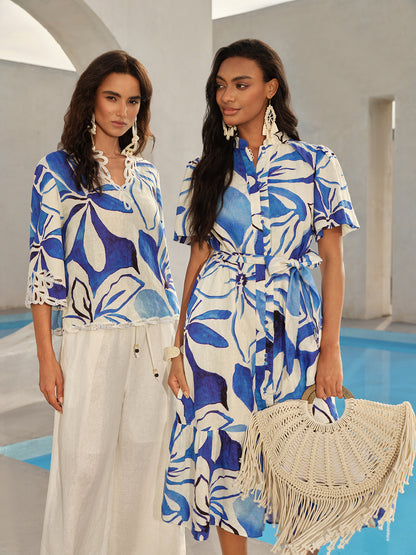 100% Linen Hand-Drawn Resort Print Embroidered Top