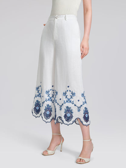 Linen Embroidered Cutwork Pearl Button Wide-Leg Pants