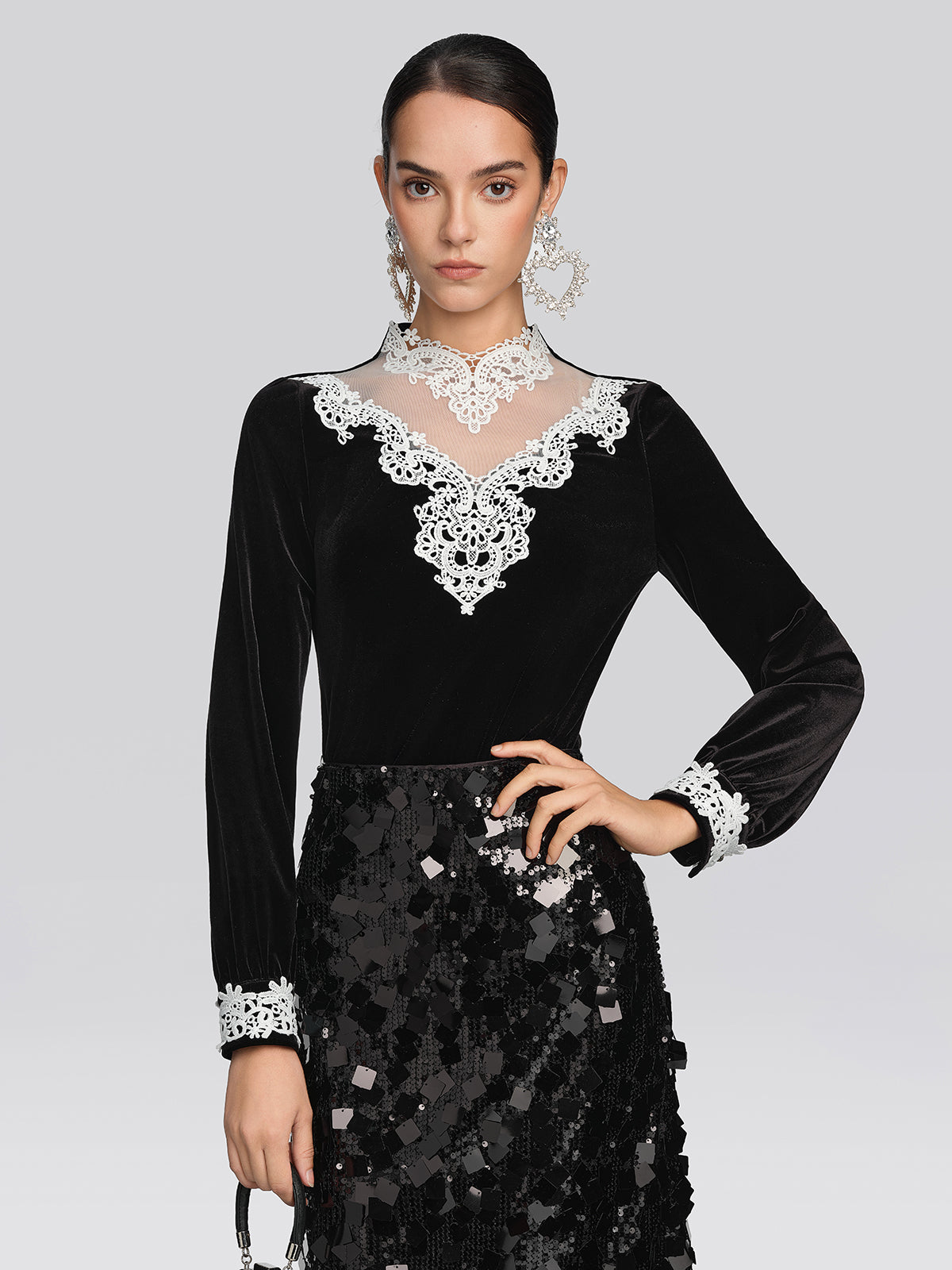 Velvet Lace Trim Blouse