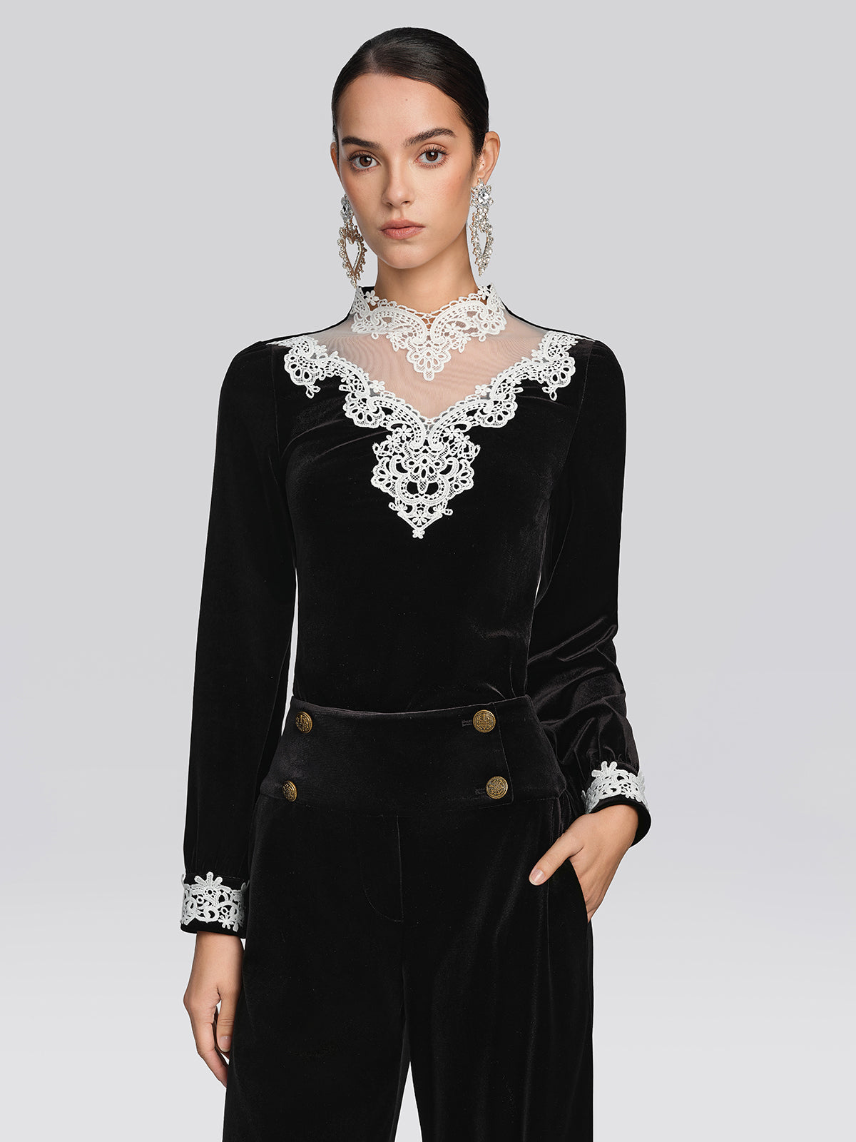 Velvet Lace Trim Blouse