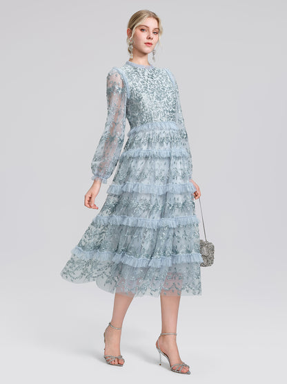 Embroidered Mesh Ruffle Lantern Sleeve Dress