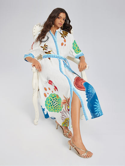 Breathable Natural Linen Printed Dress