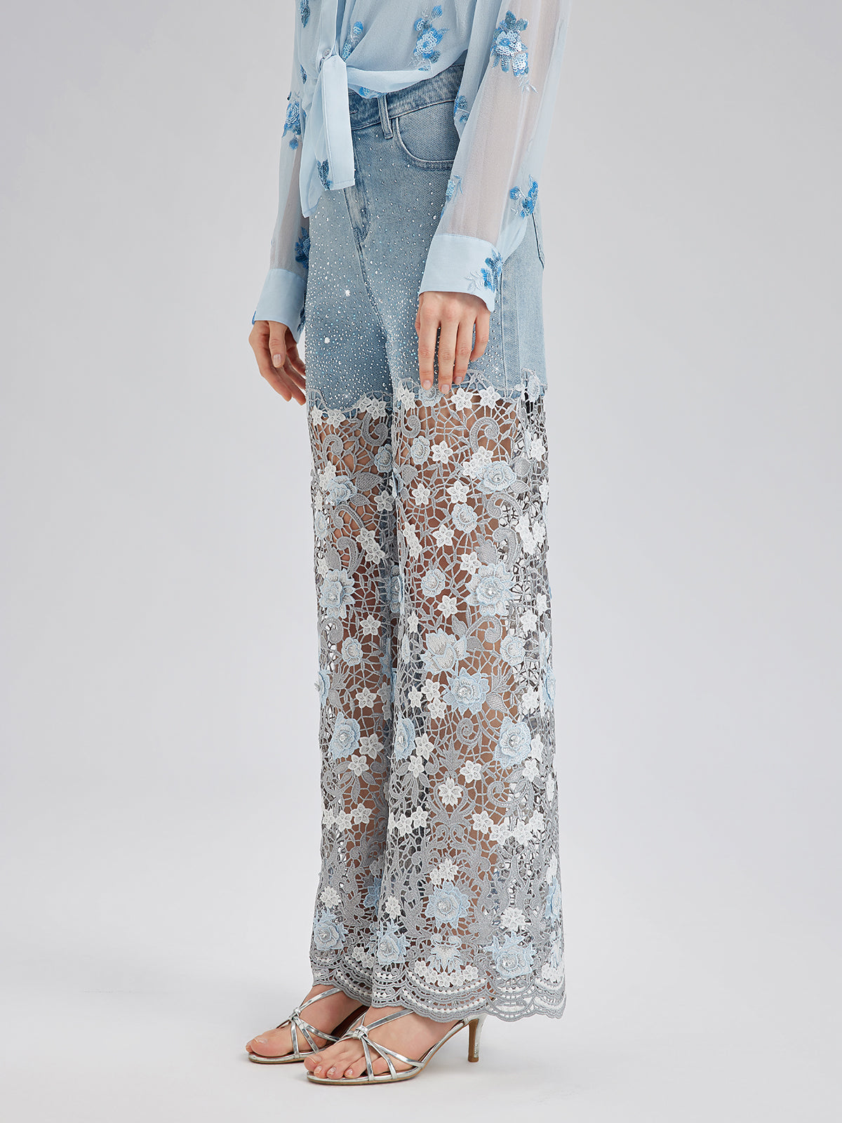 Elegant Rhinestone Lace Denim Jeans