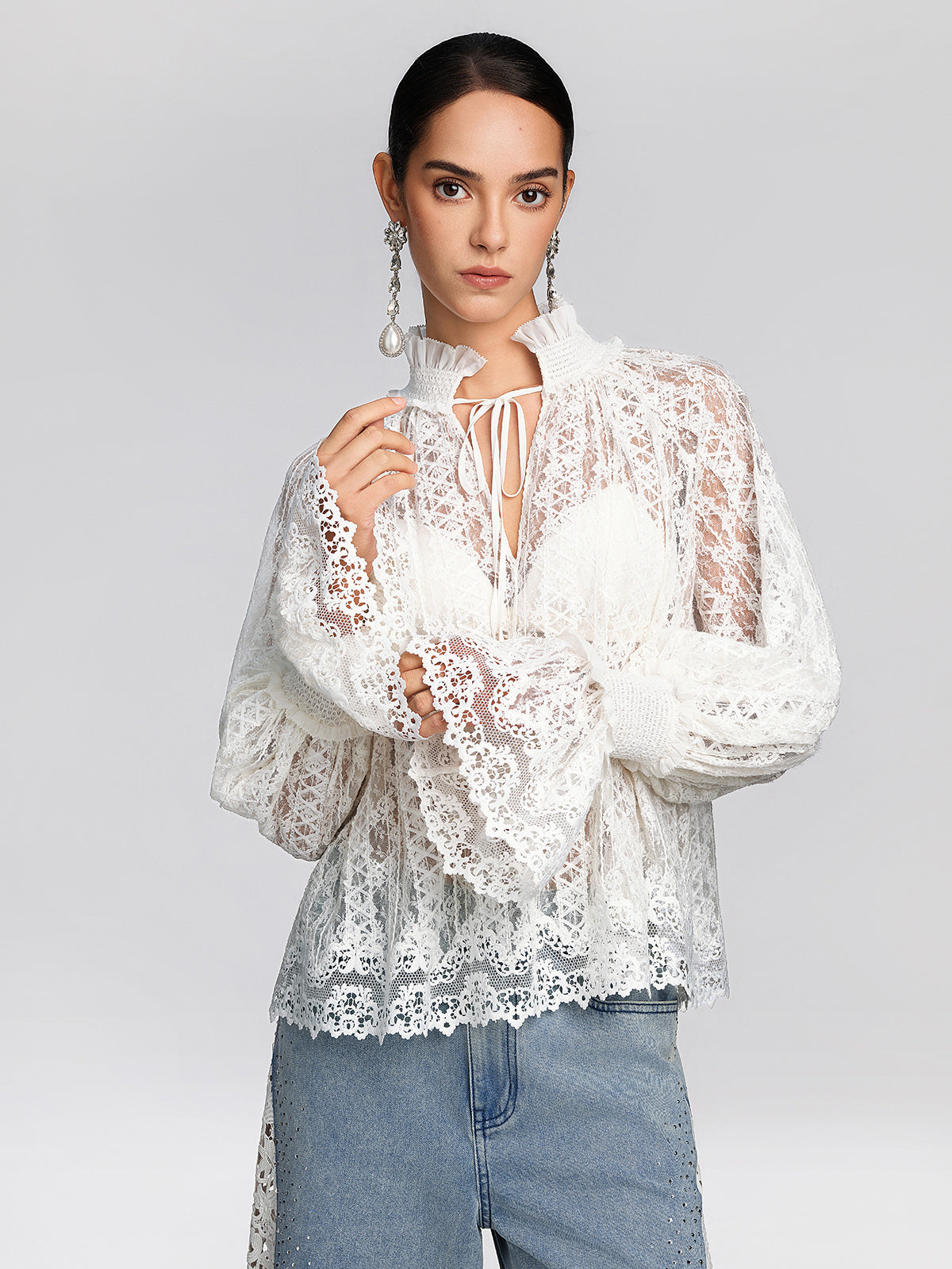 Eyelet Lace Ruffle High-Neck Blouse