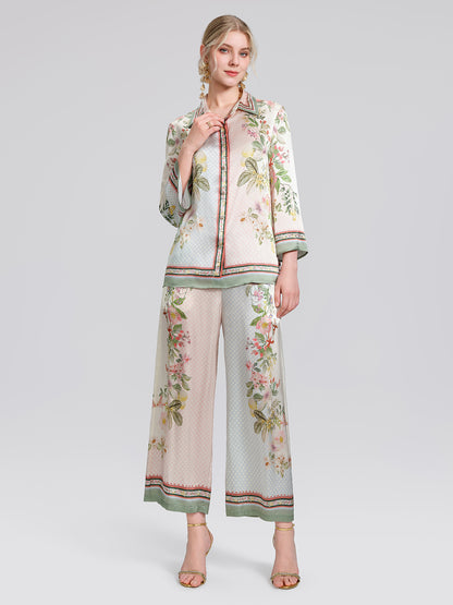 100% Silk Vintage Print Elastic Waist Cropped Wide-Leg Pants