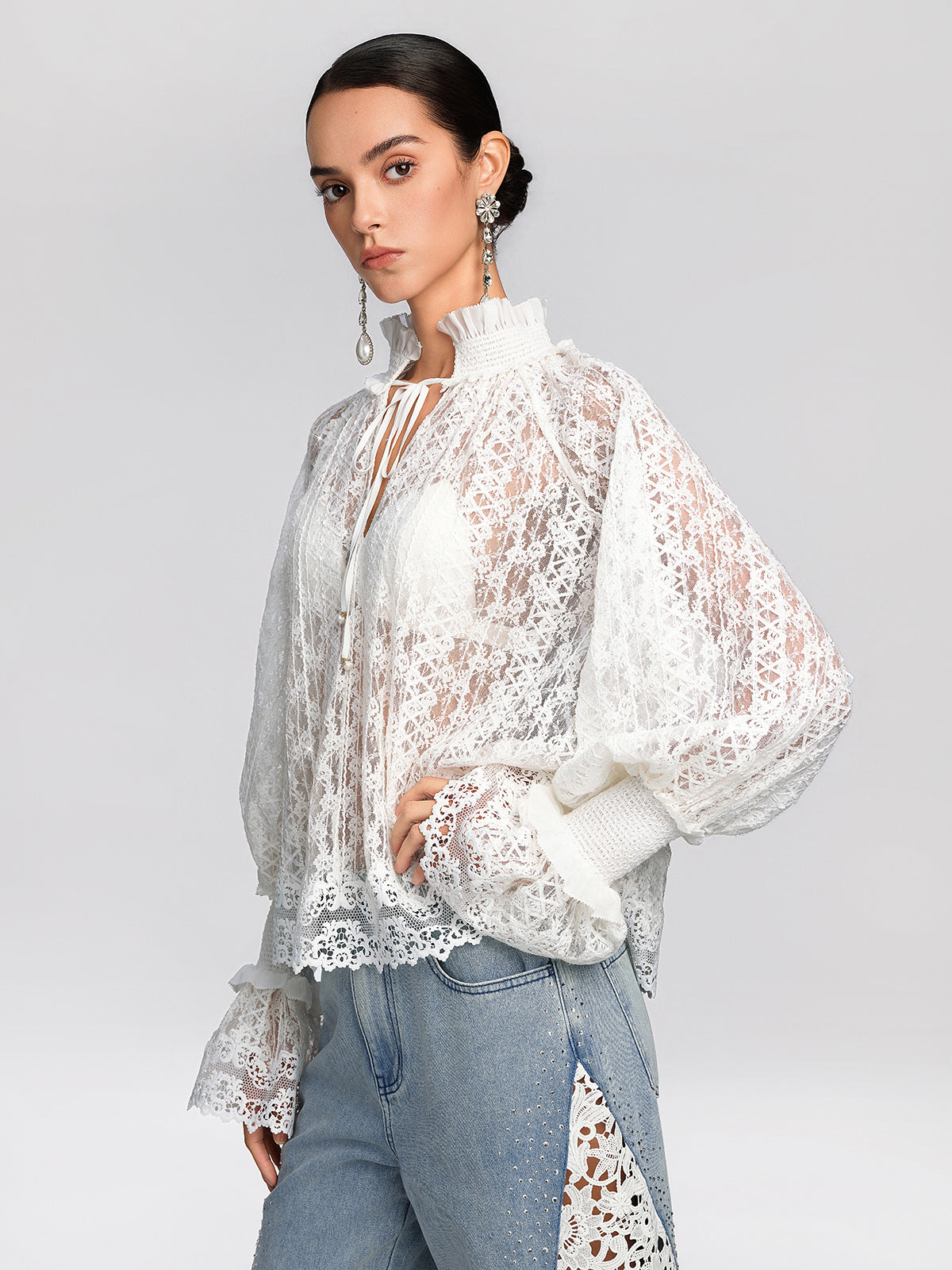 Eyelet Lace Ruffle High-Neck Blouse