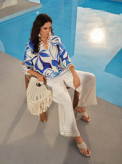 Linen Cutout Embroidered Straight-Leg Pants