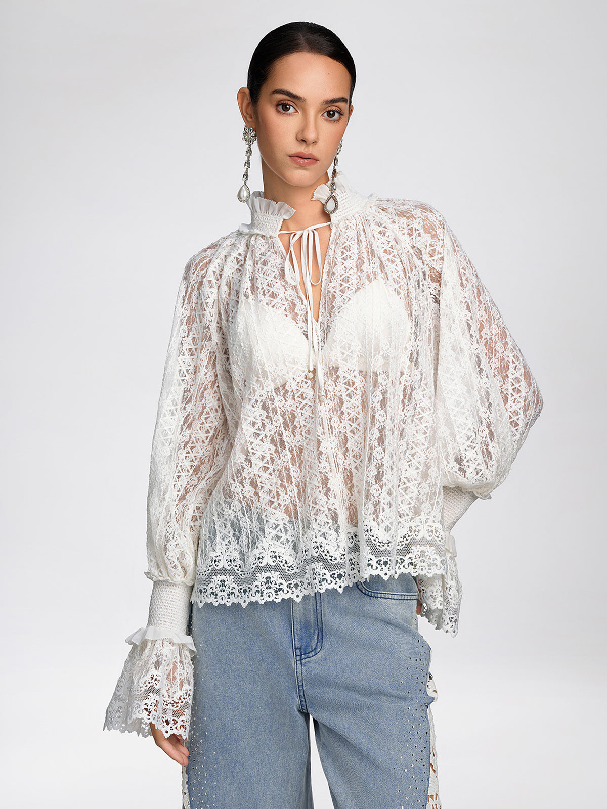 Eyelet Lace Ruffle High-Neck Blouse