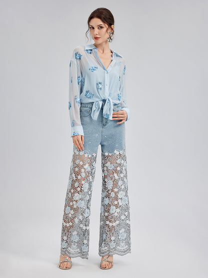 Elegant Rhinestone Lace Denim Jeans