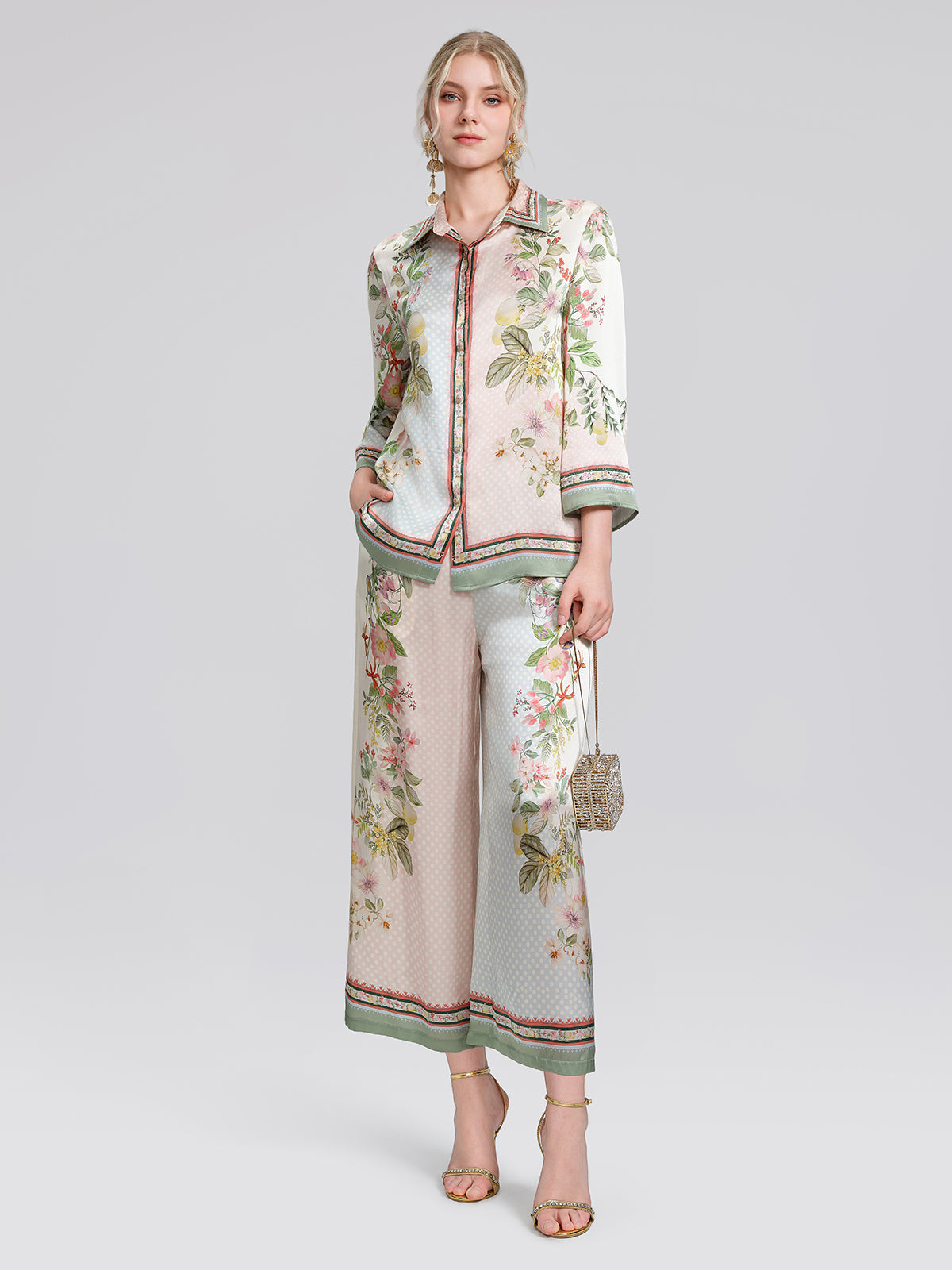100% Silk Vintage Print Three-Quarter Sleeve Shirt